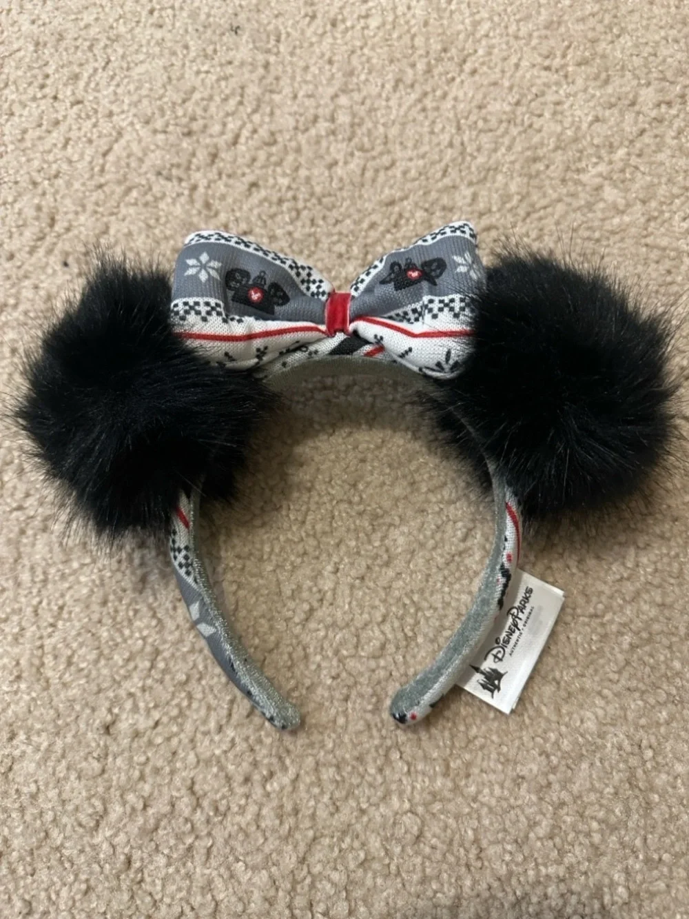 Disney Black Pom Pom Winter Minnie Ear Headband Fair Isle Sweater Print